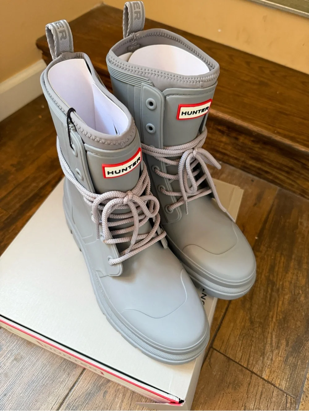 Hunter Light Grey Lace-Up Waterproof Boots with Logo Patch